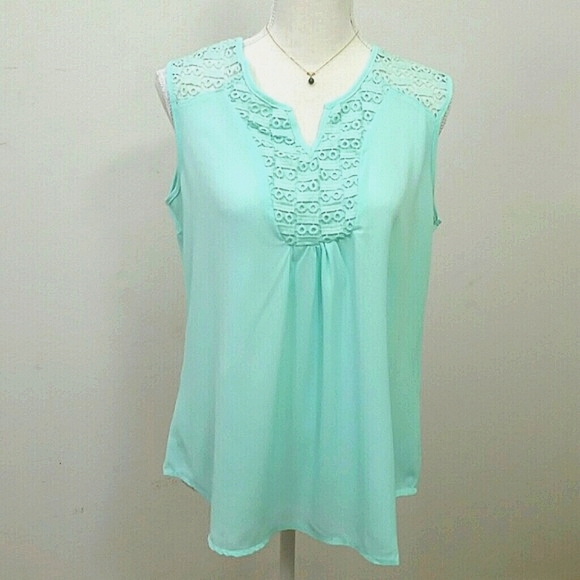 *Tank Top sleeveless shell blouse flowy lace Mint Green V Neck NEW Lightweight - Picture 1 of 5